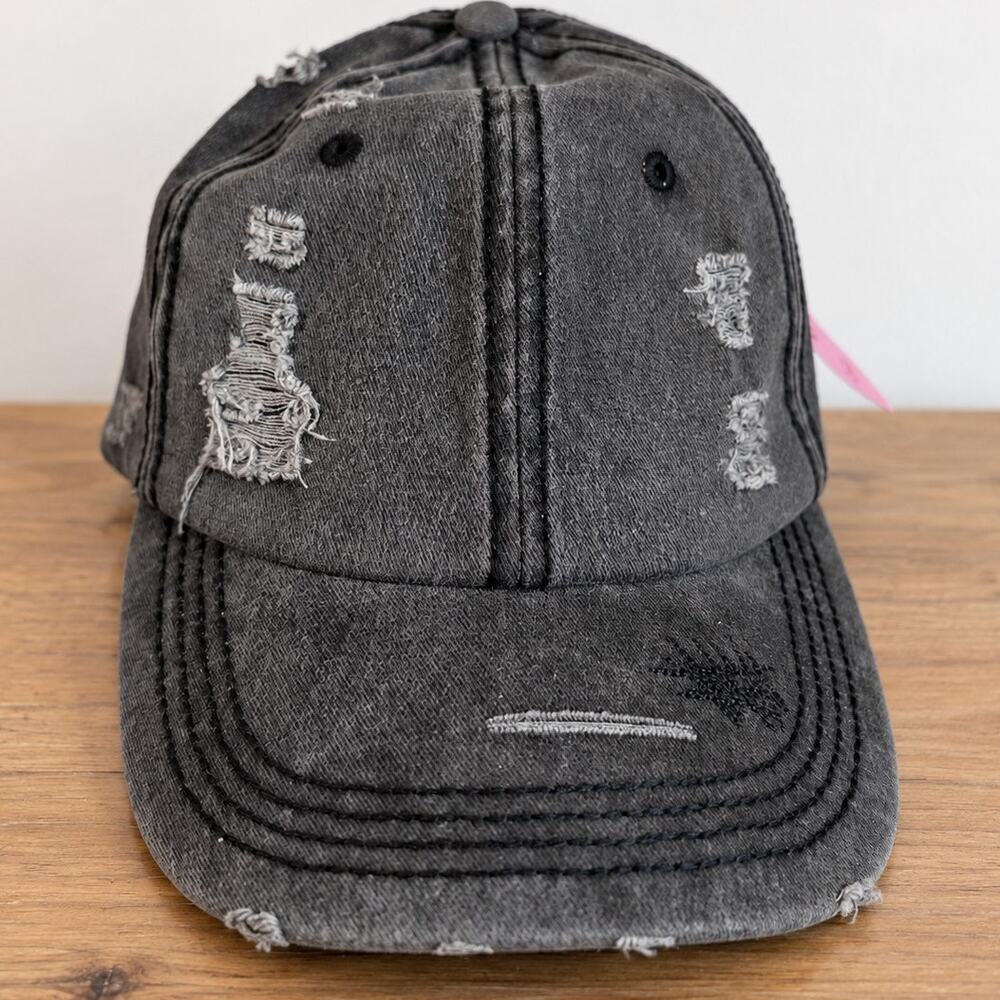Women's Distressed Ponytail Baseball Cap Charcoal Gray Black NWT